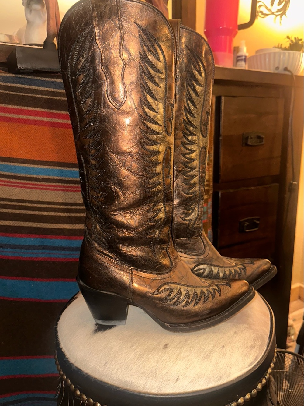 Metallic Brown Embroidered Western Heeled Boots